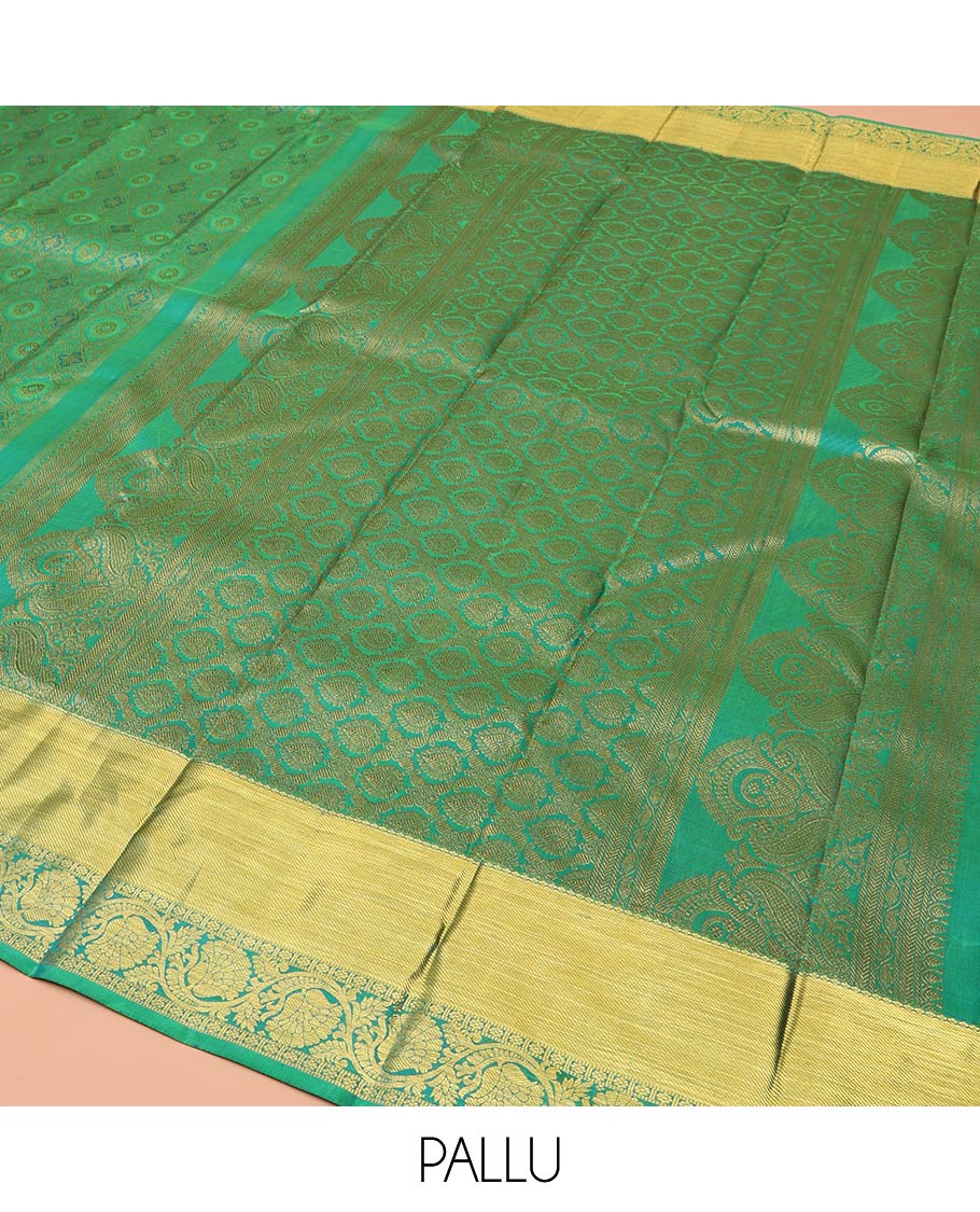 Green Kanchipuram Wedding Silk Saree, Enriched with Floral Jacquard Design On Its Body, Highlighted by Zari Border of Kodi Visiry Designs, Grand Pallu and Paired with a Matching Blouse - Image 5