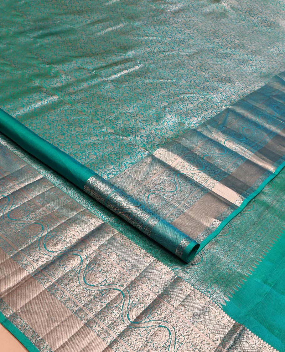 Blue Kanchipuram Wedding Silk Saree, Enriched with Jacquard Design on Its Body, Highlighted by Zari Border of Thilakam Mokku, Mayil Kann, Kathir, and Dhavana Kodi Designs, Grand Pallu, and Paired with a Matching Blouse - Image 2