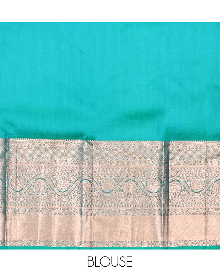 Blue Kanchipuram Wedding Silk Saree, Enriched with Jacquard Design on Its Body, Highlighted by Zari Border of Thilakam Mokku, Mayil Kann, Kathir, and Dhavana Kodi Designs, Grand Pallu, and Paired with a Matching Blouse - Image 6