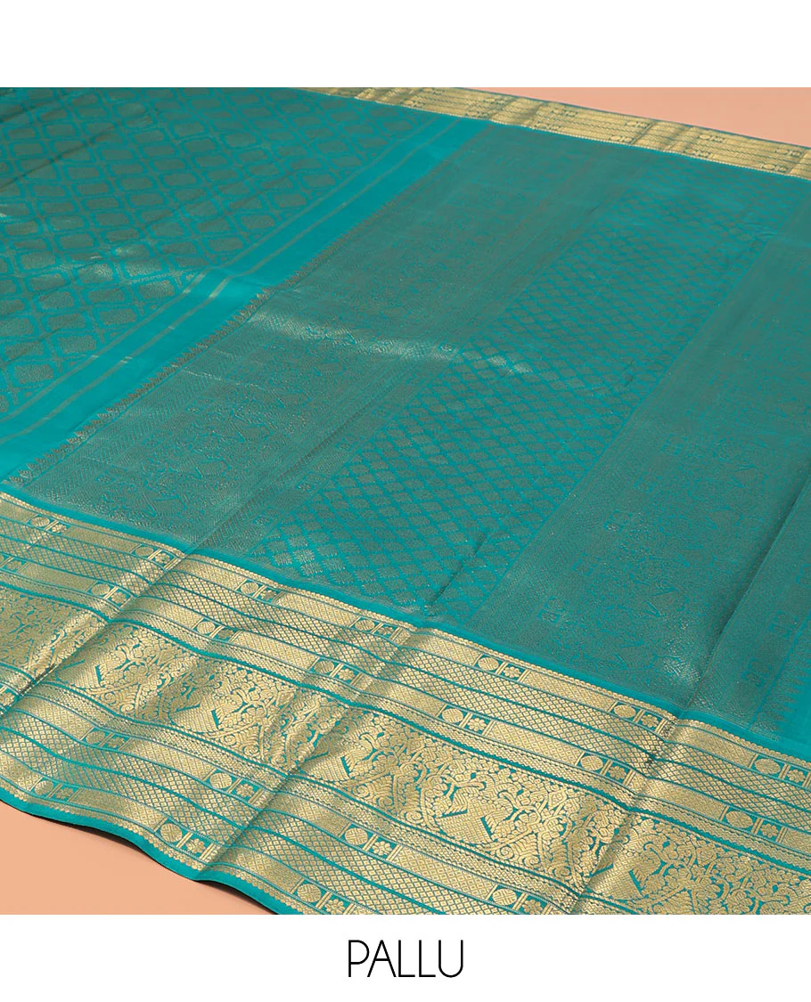 Blue Kanchipuram Wedding Silk Saree, Finely Crafted with Jacquard Design on Its Body, Highlighted by Zari Border of Mayil Kann, Rudraksham, Kamalam, and Iruthalai Pakshi Designs, Intricately Designed Pallu, and Paired with a Matching Blouse - Image 5