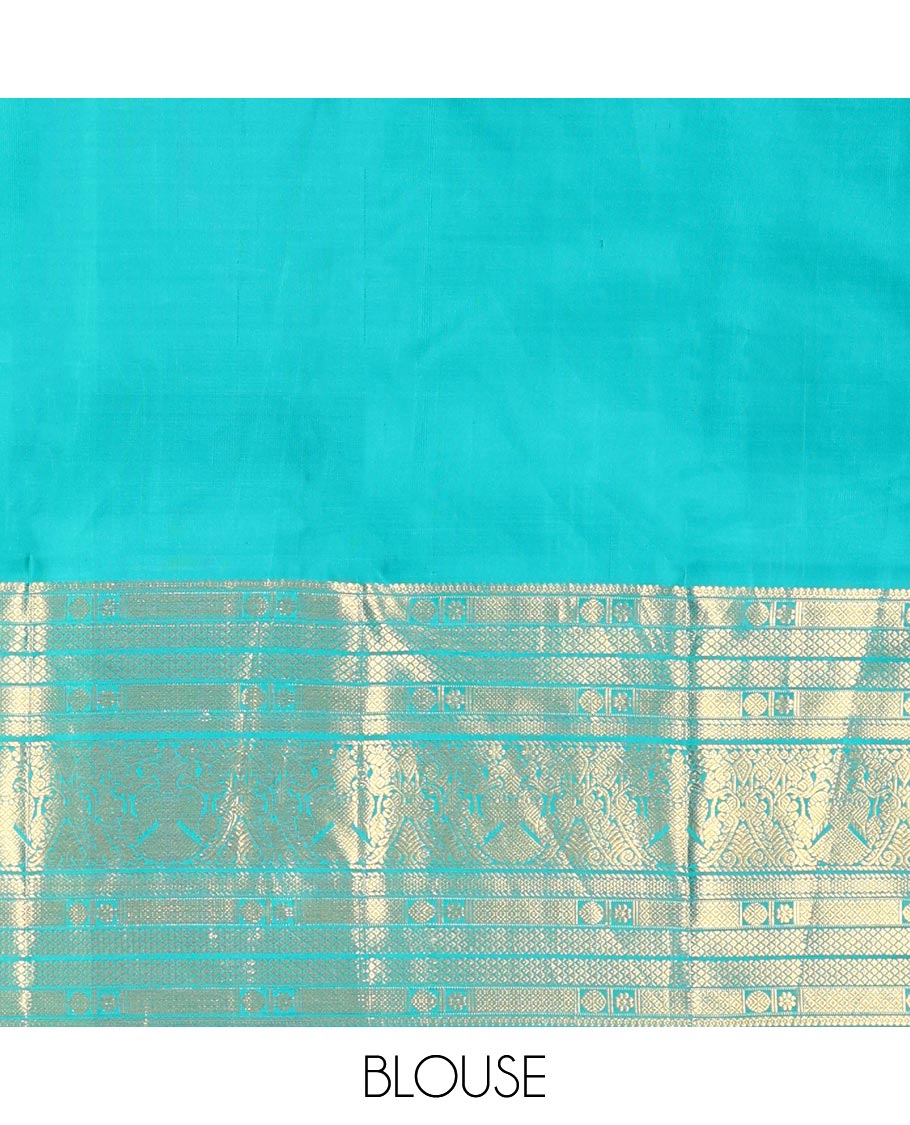 Blue Kanchipuram Wedding Silk Saree, Finely Crafted with Jacquard Design on Its Body, Highlighted by Zari Border of Mayil Kann, Rudraksham, Kamalam, and Iruthalai Pakshi Designs, Intricately Designed Pallu, and Paired with a Matching Blouse - Image 6
