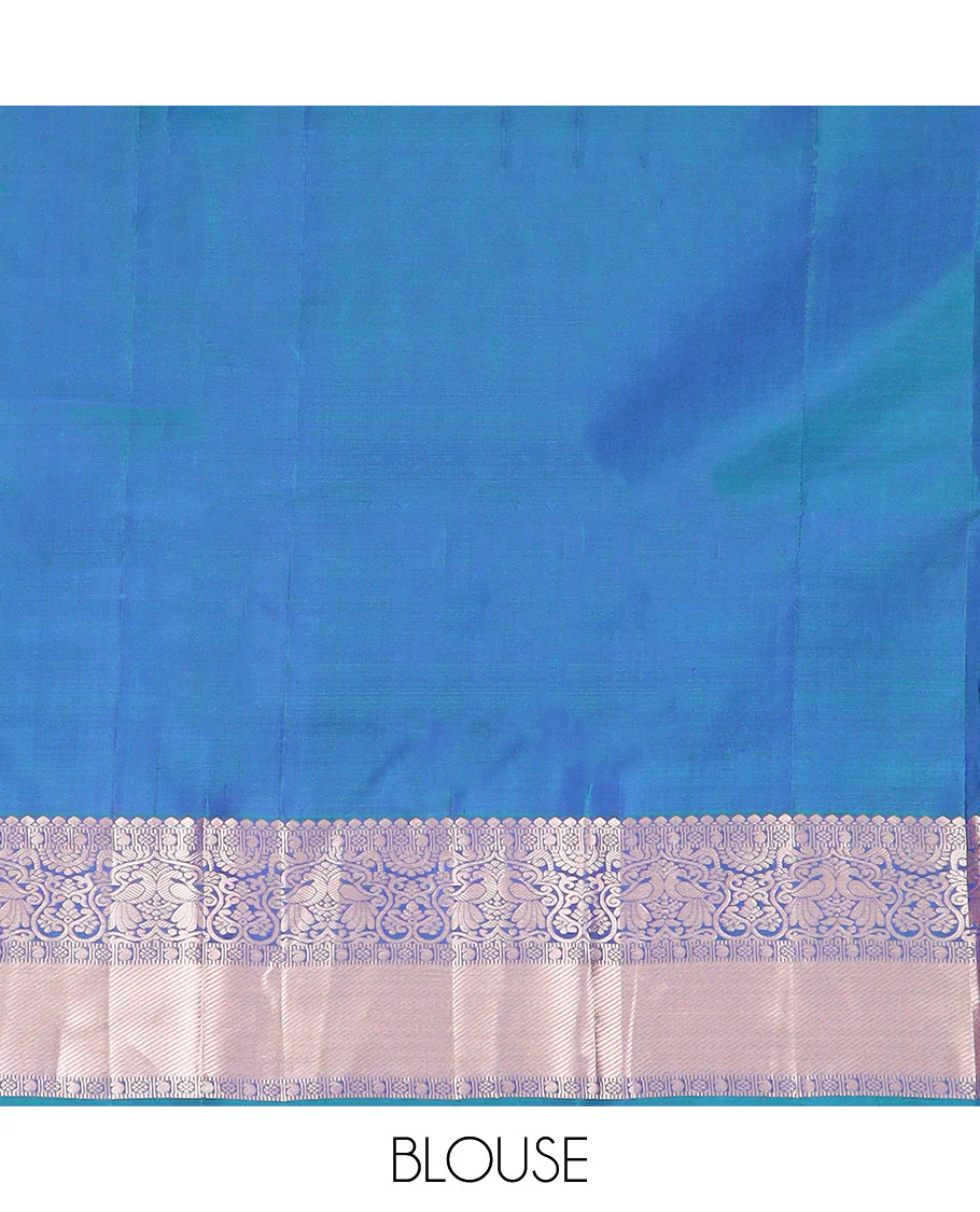 Blue Kanchipuram Wedding Silk Saree Graced with Ogee Jacquard Design, Complemented by Zari Border Featuring Thilakam Mokku, Kamalam, Manga, and Mayil Designs, Opulently Detailed Pallu of Annam Charkam Enclosed Checks, and Paired with a Matching Blouse - Image 6