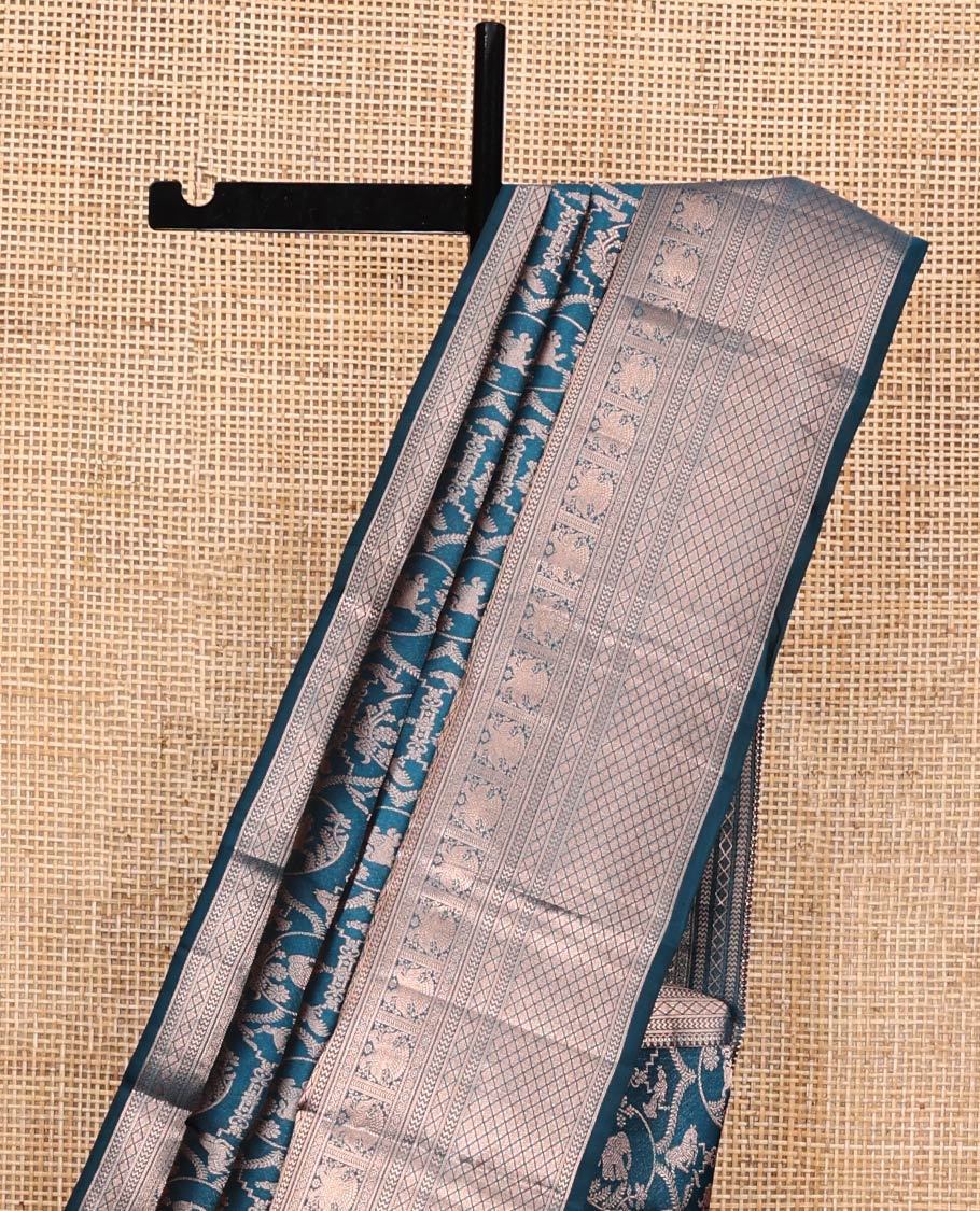 Blue Kanchipuram Wedding Silk Saree, Gracefully Embellished with Jacquard Design on Its Body, Highlighted by Zari Border of Thilakam Mokku, Vanki, Jaal, and Yaali Designs, Grand Jaal Pallu, and Paired with a Matching Blouse - Image 3