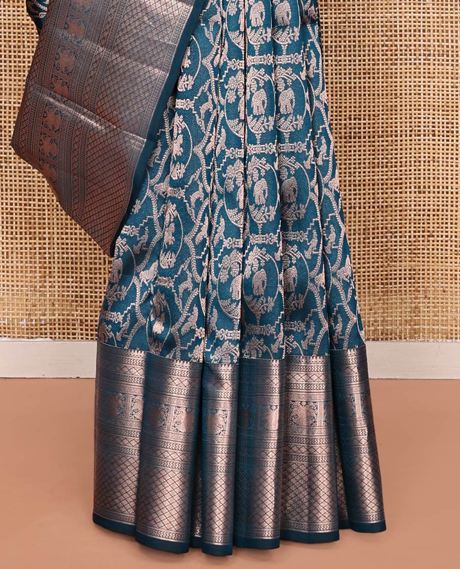 Blue Kanchipuram Wedding Silk Saree, Gracefully Embellished with Jacquard Design on Its Body, Highlighted by Zari Border of Thilakam Mokku, Vanki, Jaal, and Yaali Designs, Grand Jaal Pallu, and Paired with a Matching Blouse - Image 4