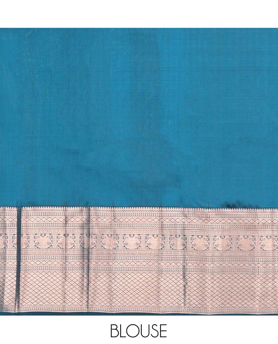 Blue Kanchipuram Wedding Silk Saree, Gracefully Embellished with Jacquard Design on Its Body, Highlighted by Zari Border of Thilakam Mokku, Vanki, Jaal, and Yaali Designs, Grand Jaal Pallu, and Paired with a Matching Blouse - Image 6