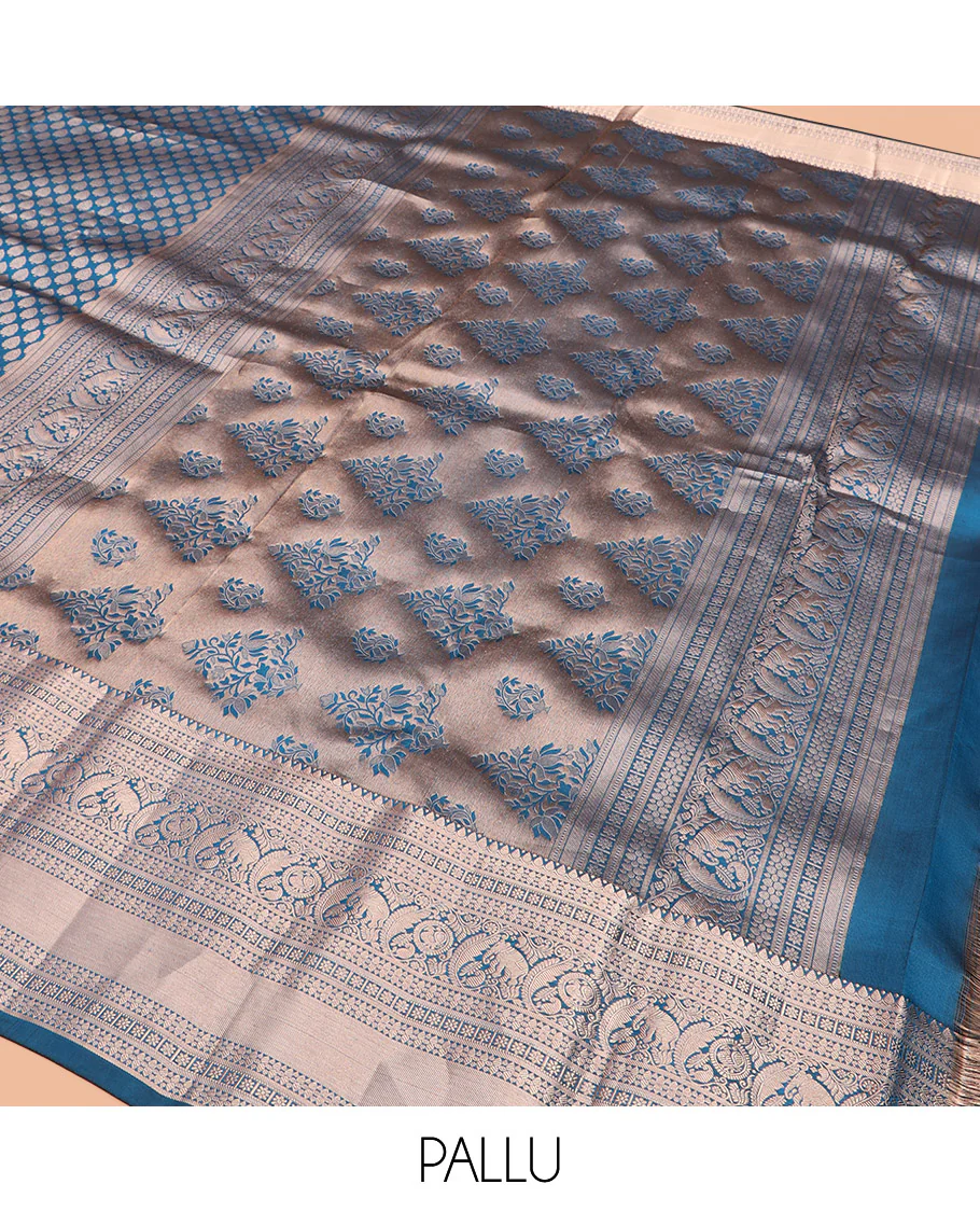 Blue Kanchipuram Wedding Silk Saree Gracefully Embellished with Zari Buttas, Highlighted with Zari Border of Thilakam, Star Vanki, Yaanai, and Round Mayil Designs, Majestically Zari-Woven Pallu, and Paired with a Matching Blouse - Image 5