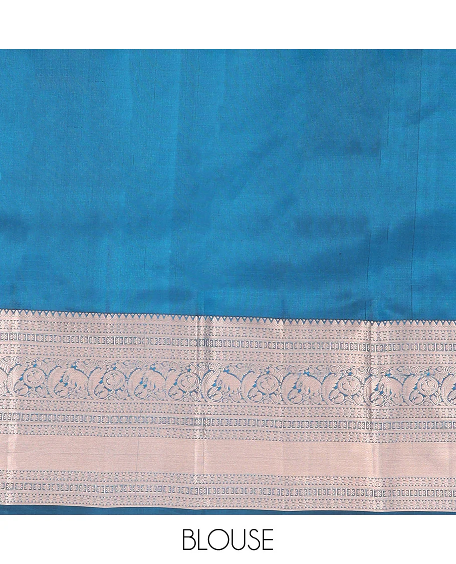 Blue Kanchipuram Wedding Silk Saree Gracefully Embellished with Zari Buttas, Highlighted with Zari Border of Thilakam, Star Vanki, Yaanai, and Round Mayil Designs, Majestically Zari-Woven Pallu, and Paired with a Matching Blouse - Image 6