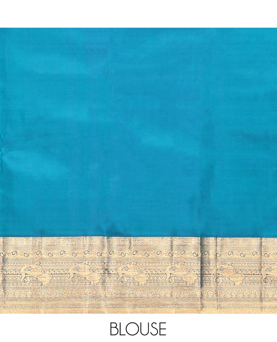 Blue Kanchipuram Wedding Silk Saree, Meticulously Crafted with Jacquard Design on Its Body, Highlighted by Zari Border of Cross Kamalam, Kodi Manga, Muthu, Kathir, Mayil Kann, and Yaali Designs, Chakram Design Pallu, and Paired with a Matching Blouse - Image 6