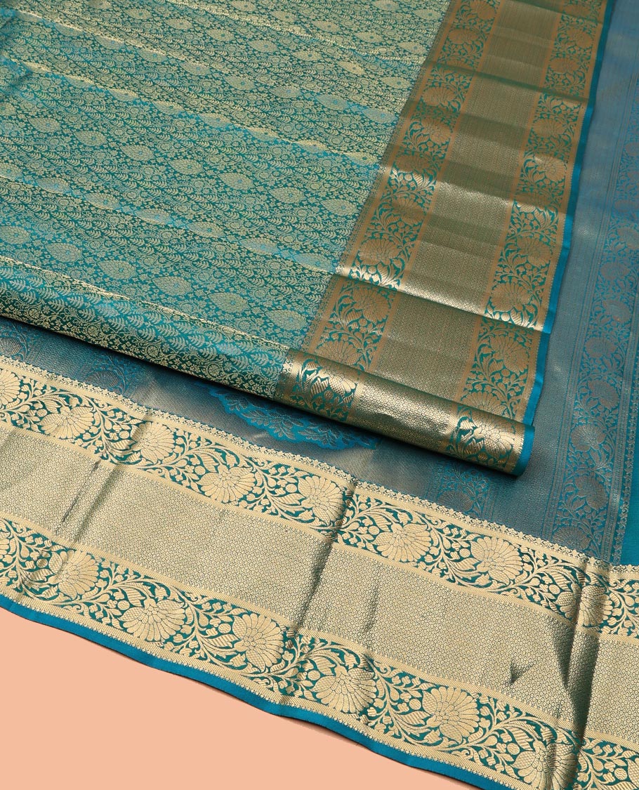 Blue Kanchipuram Wedding Silk Saree, Ornamented with Jacquard Designs on Its Body, Highlighted by a Zari Border of Kodi Visiry and Then Kuli Kann Designs, Pallu of Floral Designs, and Paired with a Matching Blouse - Image 2