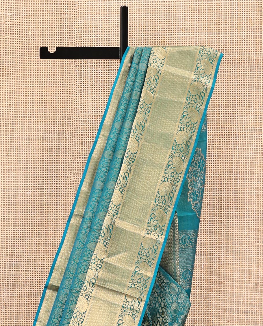 Blue Kanchipuram Wedding Silk Saree, Ornamented with Jacquard Designs on Its Body, Highlighted by a Zari Border of Kodi Visiry and Then Kuli Kann Designs, Pallu of Floral Designs, and Paired with a Matching Blouse - Image 3