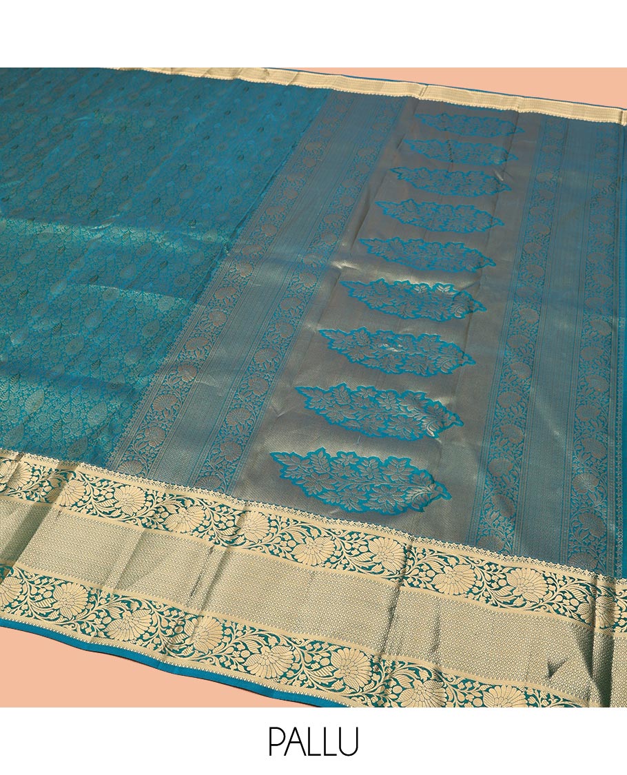 Blue Kanchipuram Wedding Silk Saree, Ornamented with Jacquard Designs on Its Body, Highlighted by a Zari Border of Kodi Visiry and Then Kuli Kann Designs, Pallu of Floral Designs, and Paired with a Matching Blouse - Image 5