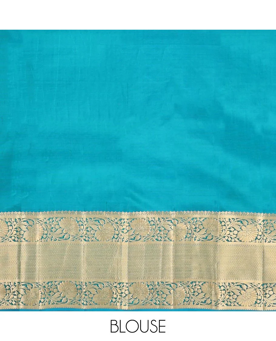 Blue Kanchipuram Wedding Silk Saree, Ornamented with Jacquard Designs on Its Body, Highlighted by a Zari Border of Kodi Visiry and Then Kuli Kann Designs, Pallu of Floral Designs, and Paired with a Matching Blouse - Image 6