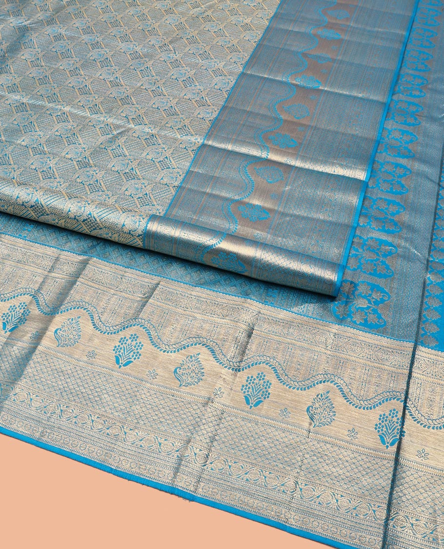 Blue Kanchipuram Wedding Silk Saree, Prettified with Jacquard Designs on Its Body, Highlighted by a Zari Border of Geometric Designs, Grand Jaal Patterned Pallu, and Paired with a Matching Blouse - Image 2