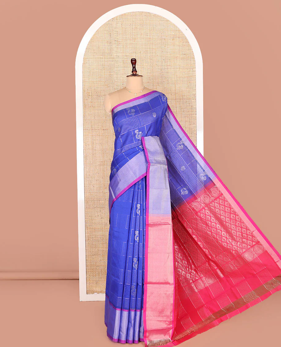 Blue Kuppadam Cotton Saree, Accentuated with Butta Enclosed Checks All Over Its Body, Complemented by a Bavanji Border, Contrast Pallu of Jaal Designs, and Paired with a Contrast Blouse