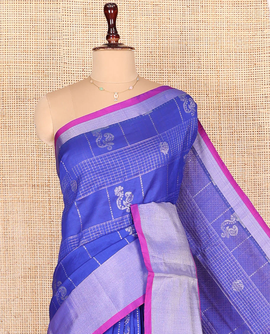 Blue Kuppadam Cotton Saree, Accentuated with Butta Enclosed Checks All Over Its Body, Complemented by a Bavanji Border, Contrast Pallu of Jaal Designs, and Paired with a Contrast Blouse - Image 2