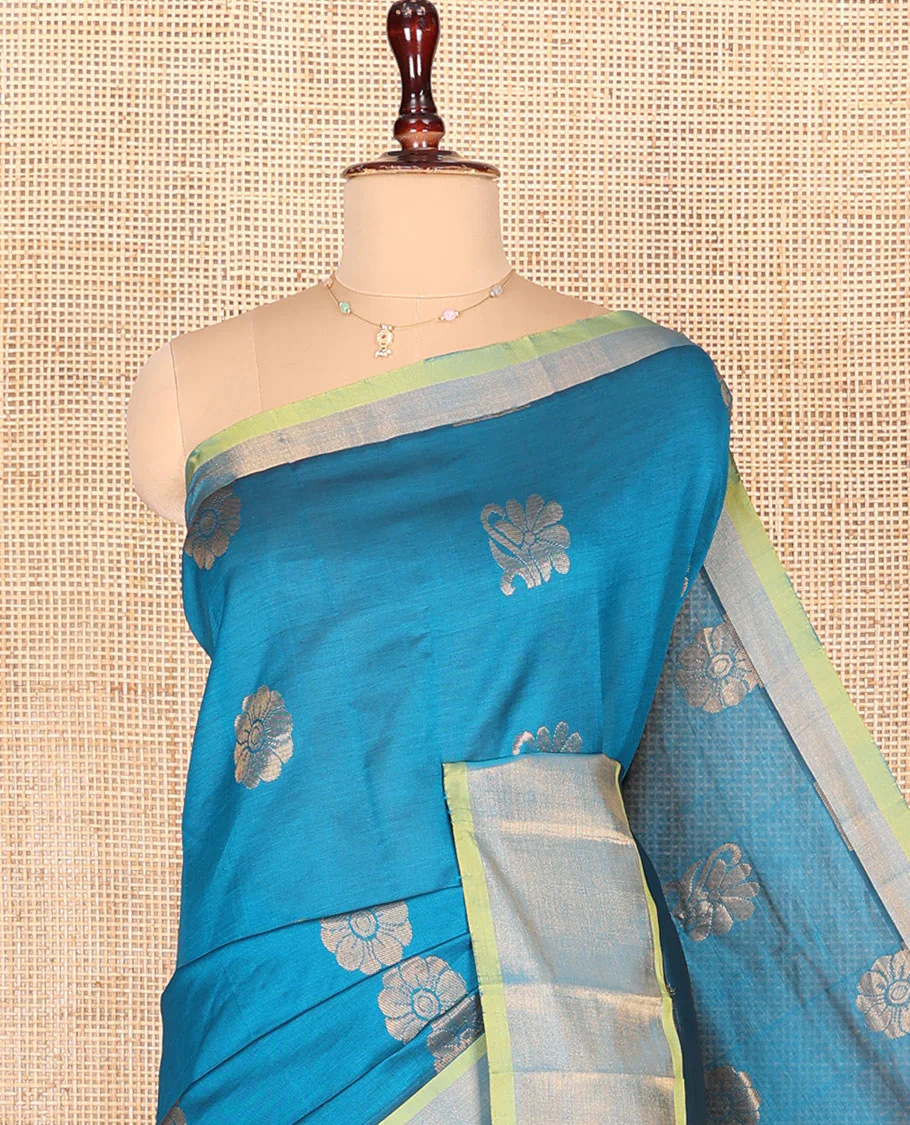 Blue Kuppadam Cotton Saree, Beautified with Zari Buttas on Its Body, Highlighted  by Bavanji Zari Border, Complemented by Contrast Ogee Patterned Pallu, and Paired with a Contrast Blouse - Image 2