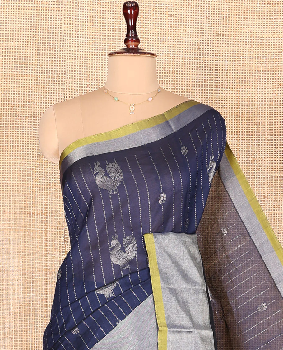 Blue Kuppadam Cotton Saree, Bedecked with Dotted Stripes and Peacock Buttas All Over Its Body, Complemented by a Bavanji Border, Pallu Elevated with Intricate Designs, and Paired with a Contrast Blouse - Image 2