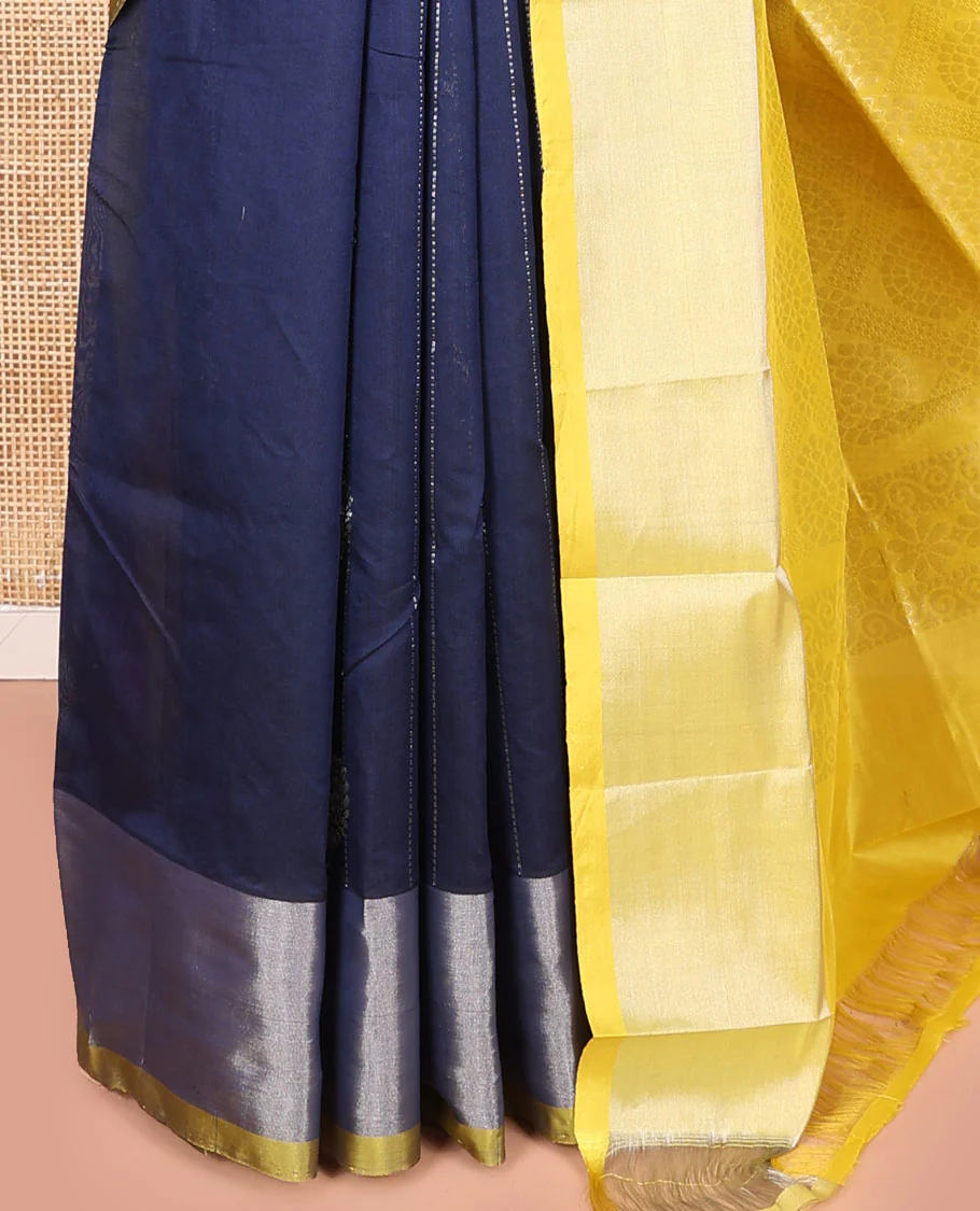 Blue Kuppadam Cotton Saree, Bedecked with Dotted Stripes and Peacock Buttas All Over Its Body, Complemented by a Bavanji Border, Pallu Elevated with Intricate Designs, and Paired with a Contrast Blouse - Image 3
