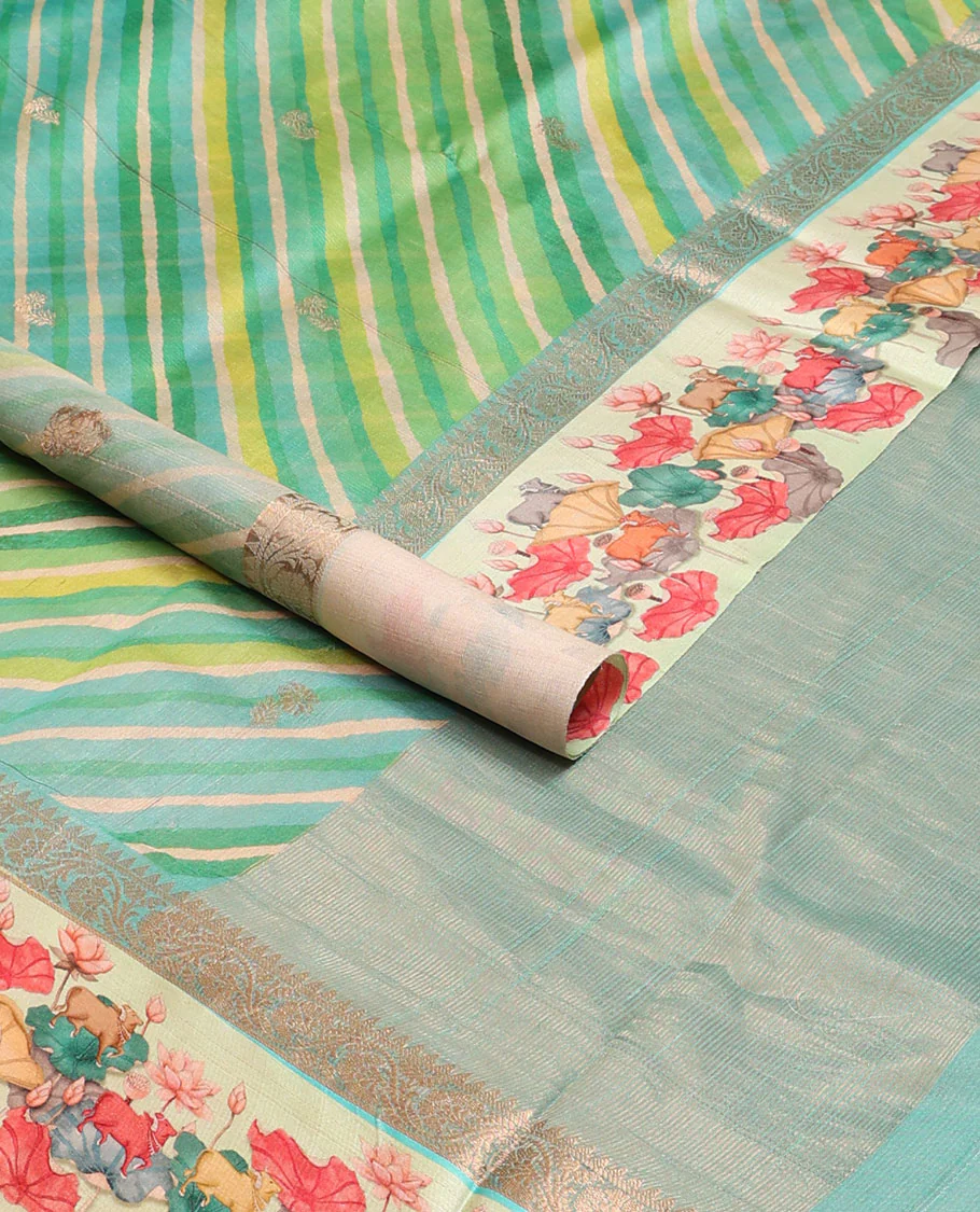 Blue lehariya-style stripes printed tussar saree with zari buttas, contrast traditional zari border of pichwai multi-color floral & cow motifs print & zari striped pallu - Image 2