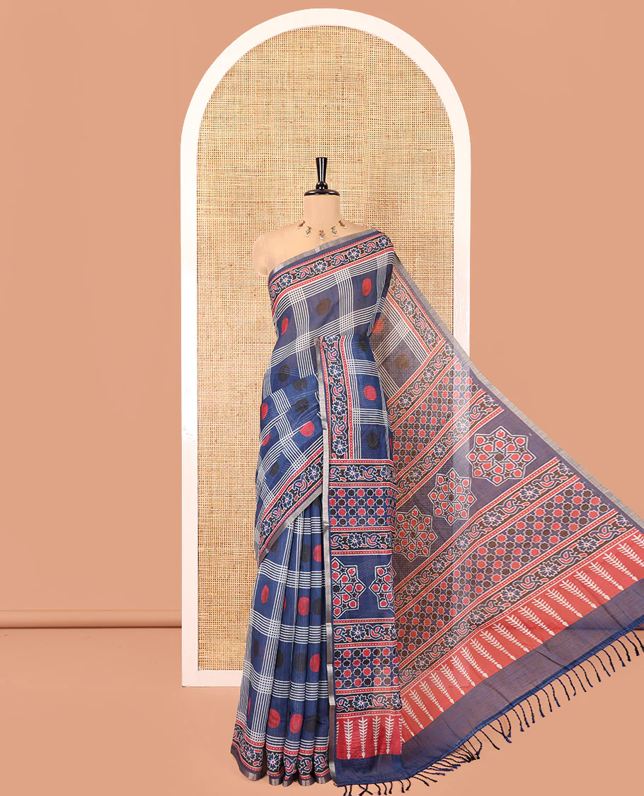 Blue Linen Cotton Saree, Adorned with Polka Dot Enclosed Checked Design on Its Body, Complemented by Contrast Ajrakh Printed Border, Intricately Ajrakh Printed Pallu, and Paired with a Matching Blouse