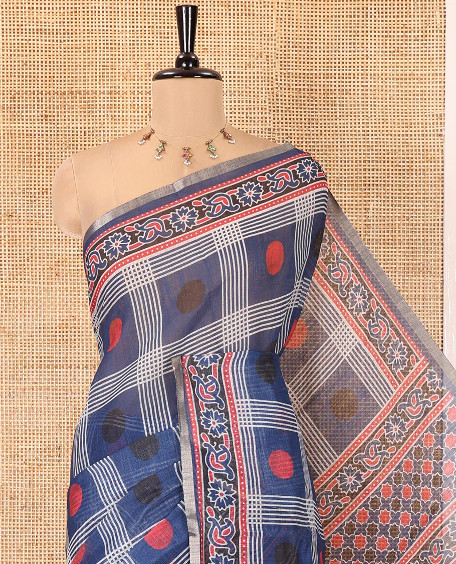 Blue Linen Cotton Saree, Adorned with Polka Dot Enclosed Checked Design on Its Body, Complemented by Contrast Ajrakh Printed Border, Intricately Ajrakh Printed Pallu, and Paired with a Matching Blouse - Image 2