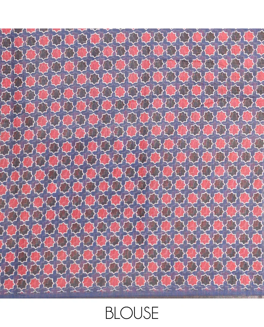 Blue Linen Cotton Saree, Adorned with Polka Dot Enclosed Checked Design on Its Body, Complemented by Contrast Ajrakh Printed Border, Intricately Ajrakh Printed Pallu, and Paired with a Matching Blouse - Image 3