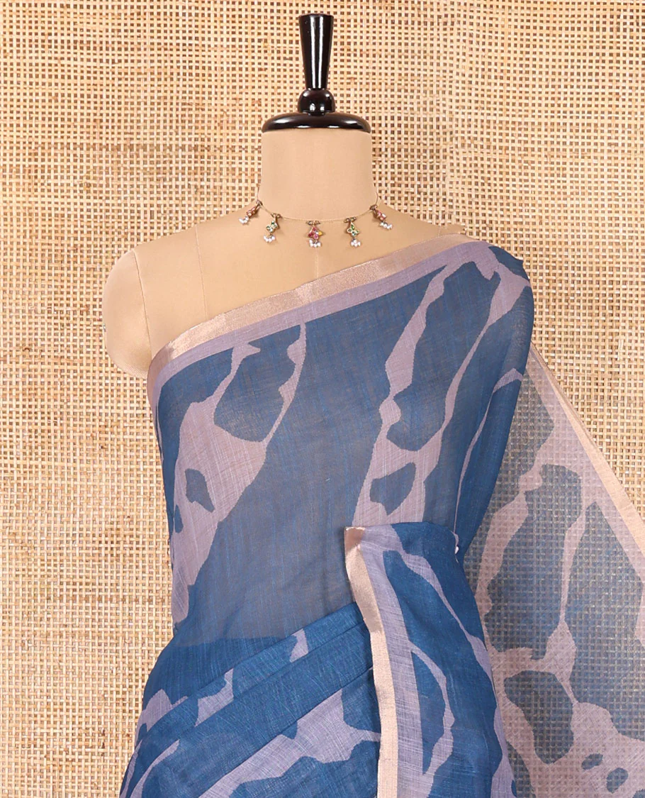 Grey Linen Cotton Saree, Adorned with Shibori Prints on Its Body, Subtle Contrast Piping Border, Pallu of Floral Print, and Paired with a Matching Blouse - Image 2