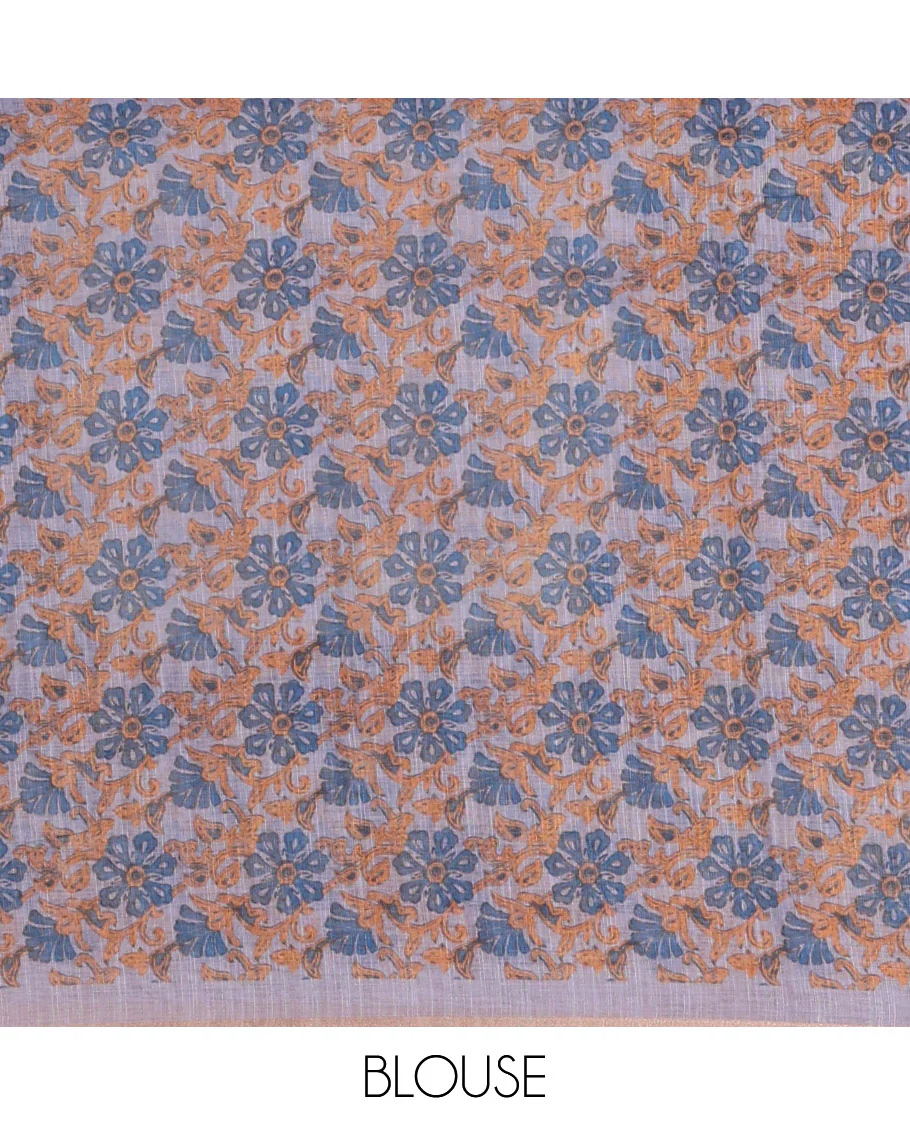 Grey Linen Cotton Saree, Adorned with Shibori Prints on Its Body, Subtle Contrast Piping Border, Pallu of Floral Print, and Paired with a Matching Blouse - Image 3