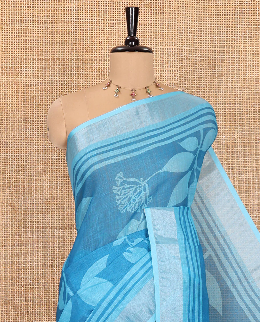 Blue Linen Cotton Saree, Beautified with Floral Leaf Motifs Printed on Its Body, Subtle Bavanji Border, Pallu Features Floral Print and Stripes, and Paired with a Matching Blouse - Image 2