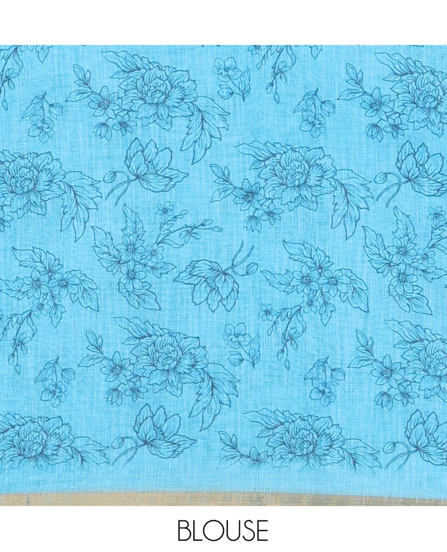 Blue Linen Cotton Saree, Beautified with Polka Dots All Over Its Body, Subtle Piping Border, Self-Pallu, and Paired with a Floral Printed Matching Blouse - Image 3