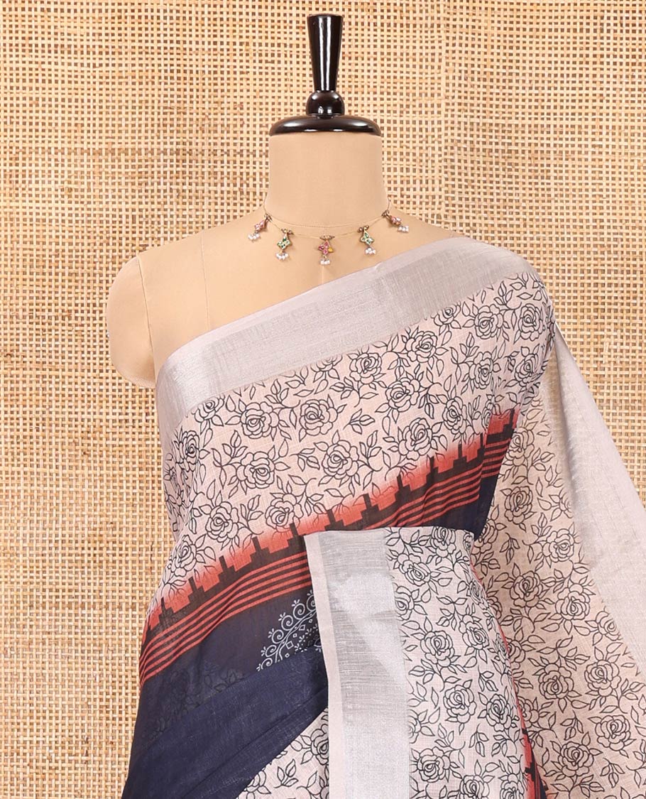 Blue Linen Cotton Saree, Beautified with Rangoli Motifs Printed On Its Body, Complemented by Contrast Floral Printed Border, Pallu of Butta Enclosed Checks, and Paired with a Contrast Blouse - Image 2