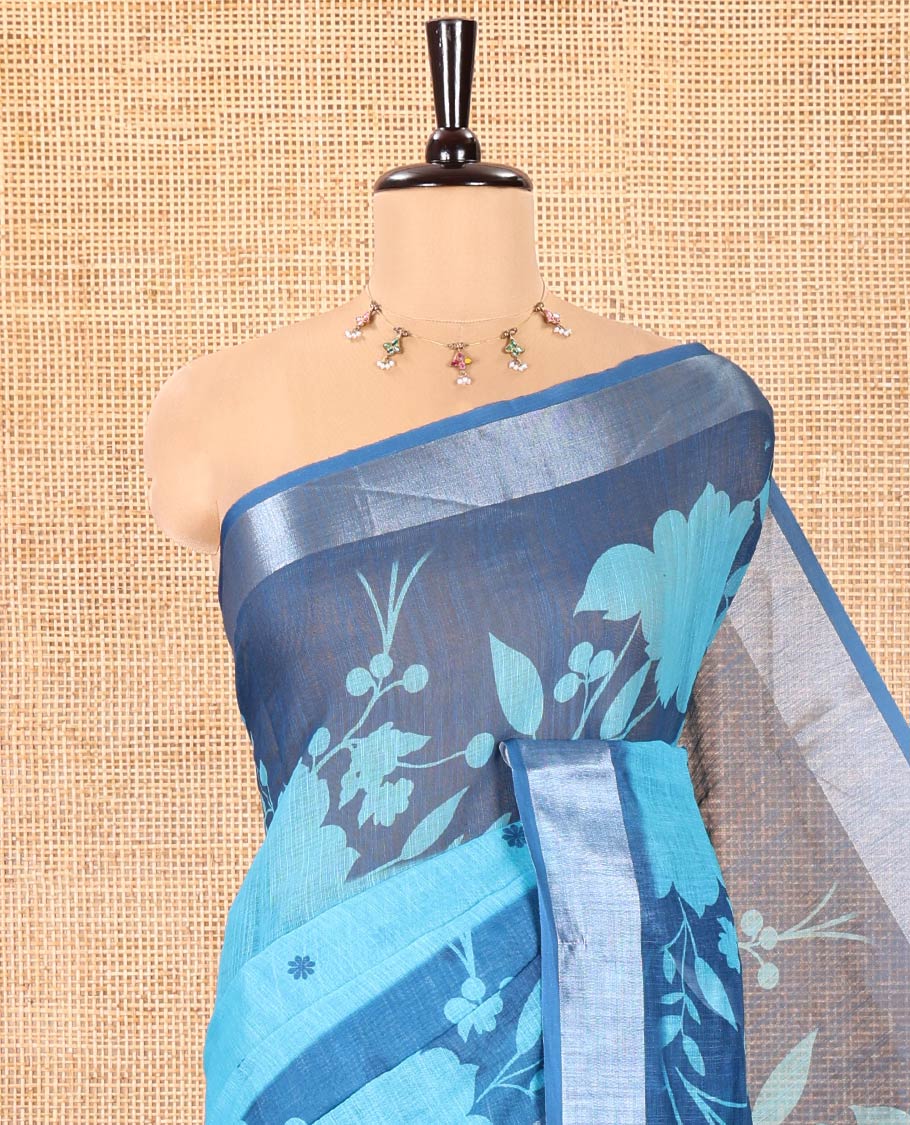 Blue Linen Cotton Saree, Beautified with Silhouette-Style Floral Vine Printed on Its Body, Subtly Zari Bavanji Border, Pallu of Same Floral Print, and Paired with a Matching Blouse - Image 2