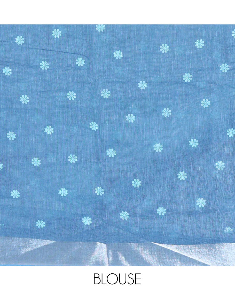 Blue Linen Cotton Saree, Beautified with Silhouette-Style Floral Vine Printed on Its Body, Subtly Zari Bavanji Border, Pallu of Same Floral Print, and Paired with a Matching Blouse - Image 3
