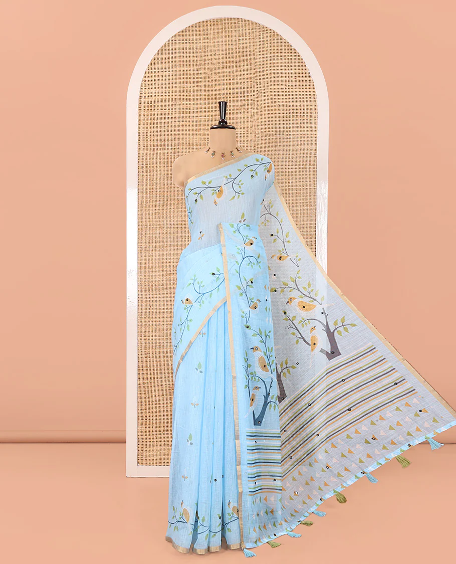 Blue Linen Cotton Saree, Decorated with Floral Vine Print and Mirror Work On Its Body, Subtle Piping Border, Pallu Steeped with Stripes, and Comes With a Contrast Blouse