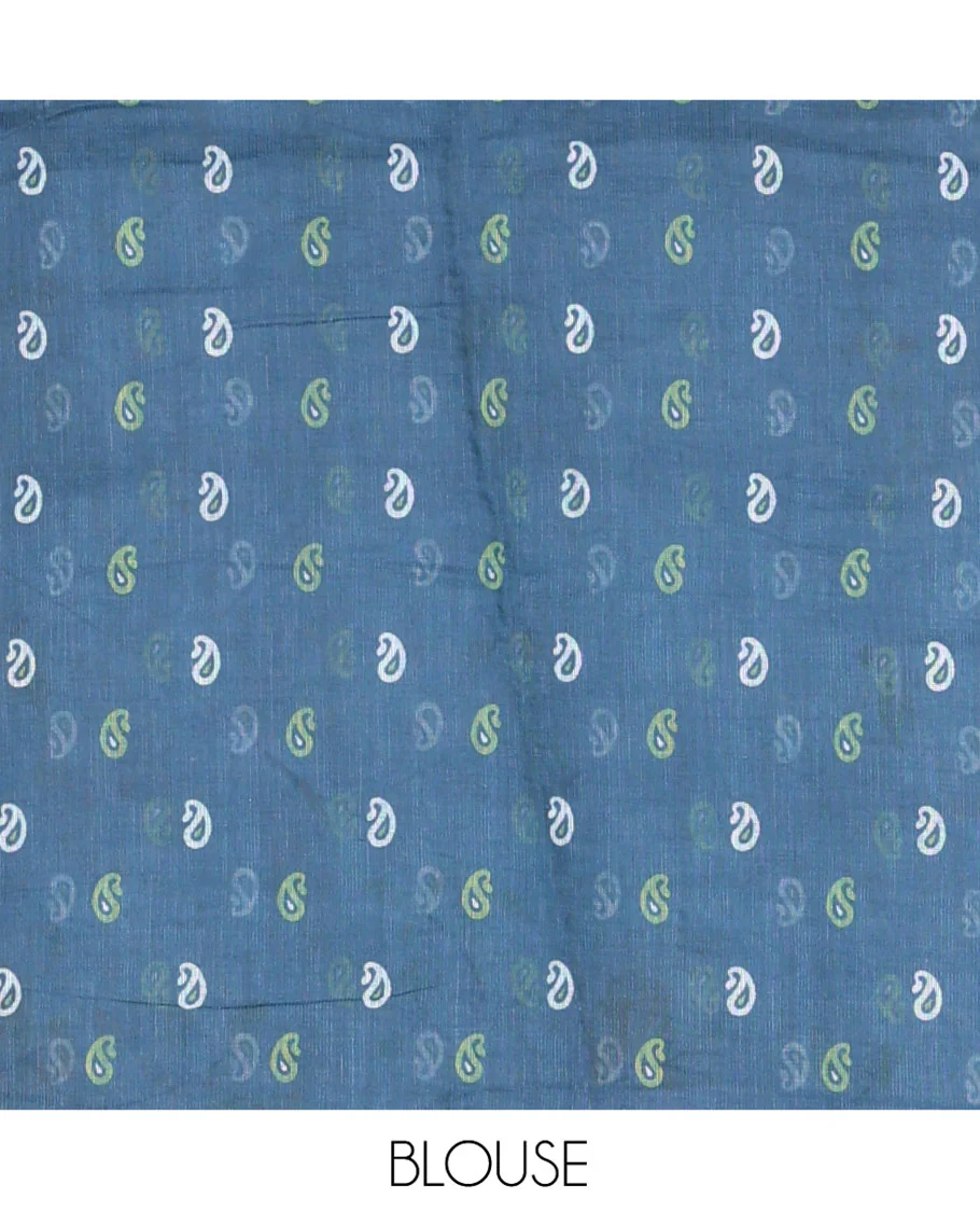 Blue Linen Cotton Saree, Decorated with Floral Vine Print and Mirror Work On Its Body, Subtle Piping Border, Pallu Steeped with Stripes, and Comes With a Contrast Blouse - Image 3