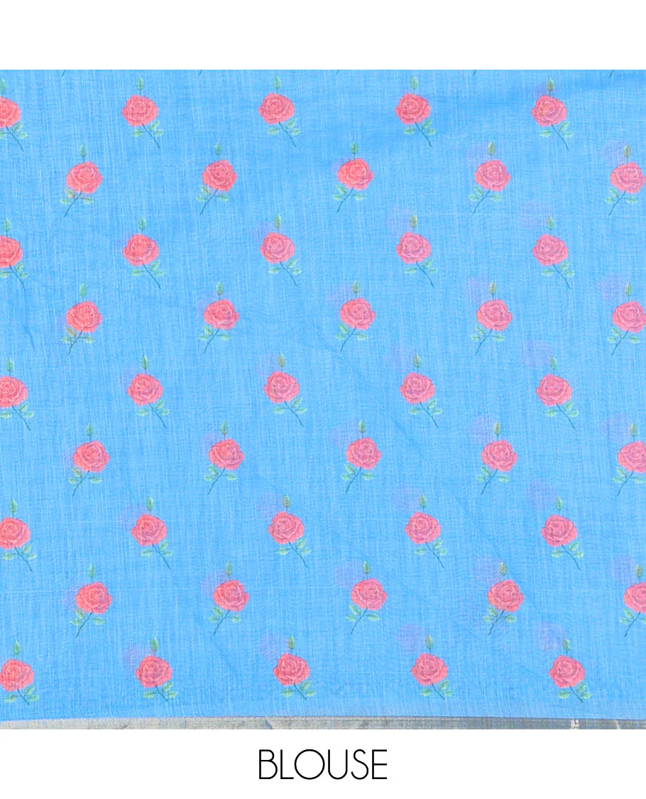 Blue Linen Cotton Saree, Decorated with Micro-Checks and Floral Motifs on Its Body, Subtle Piping Border, a Self-Pallu, and Paired with a Rose Floral Printed Blouse - Image 3