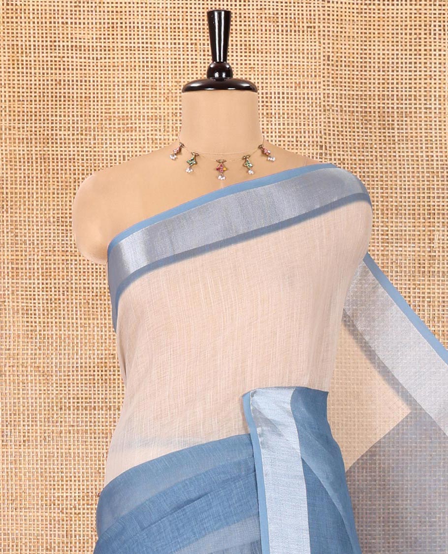 Blue Linen Cotton Saree, Ornamented with Ombre-Style Double-Color Print, Highlighted by Contrast Zari Bavanji Border, Pallu Pictures Bandhani Design, and Paired with a Contrast Bandhani Blouse - Image 2