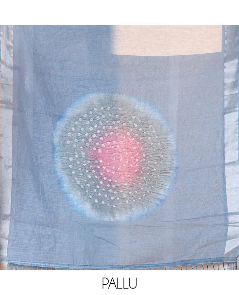Blue Linen Cotton Saree, Ornamented with Ombre-Style Double-Color Print, Highlighted by Contrast Zari Bavanji Border, Pallu Pictures Bandhani Design, and Paired with a Contrast Bandhani Blouse - Image 3