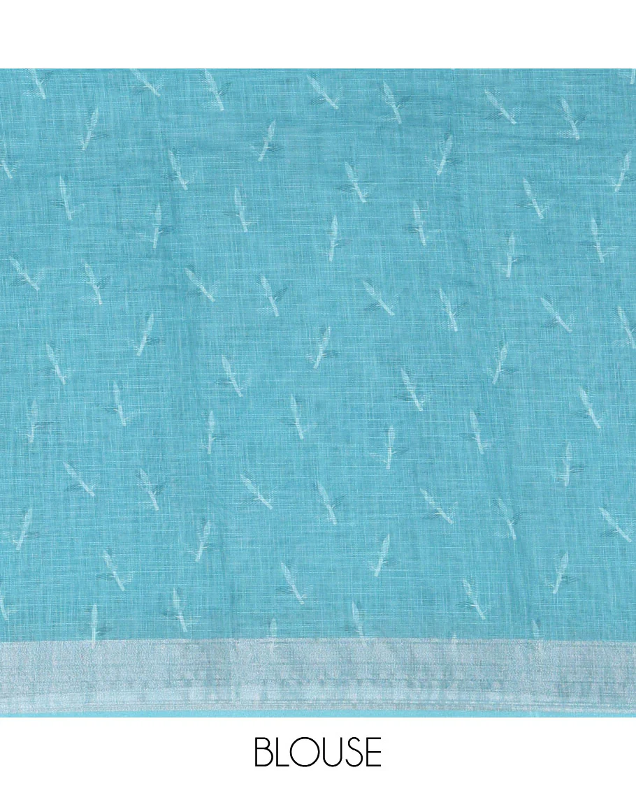 Blue Linen Cotton Saree, Prettified with Leaf Vine Printed on Its Body, Contrast Bavanji Border, Printed Pallu, and Paired with a Contrast Blouse - Image 3