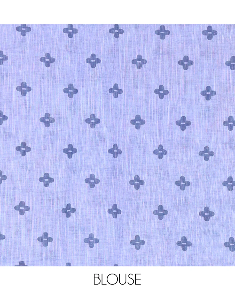 Blue Linen Cotton Saree, Steeped in the Richness of Nature-Themed Motifs Like Bird, Owl, and Tree, a Subtle Piping Border, Pallu of Tree Motifs, and Paired with a Matching Blouse - Image 3