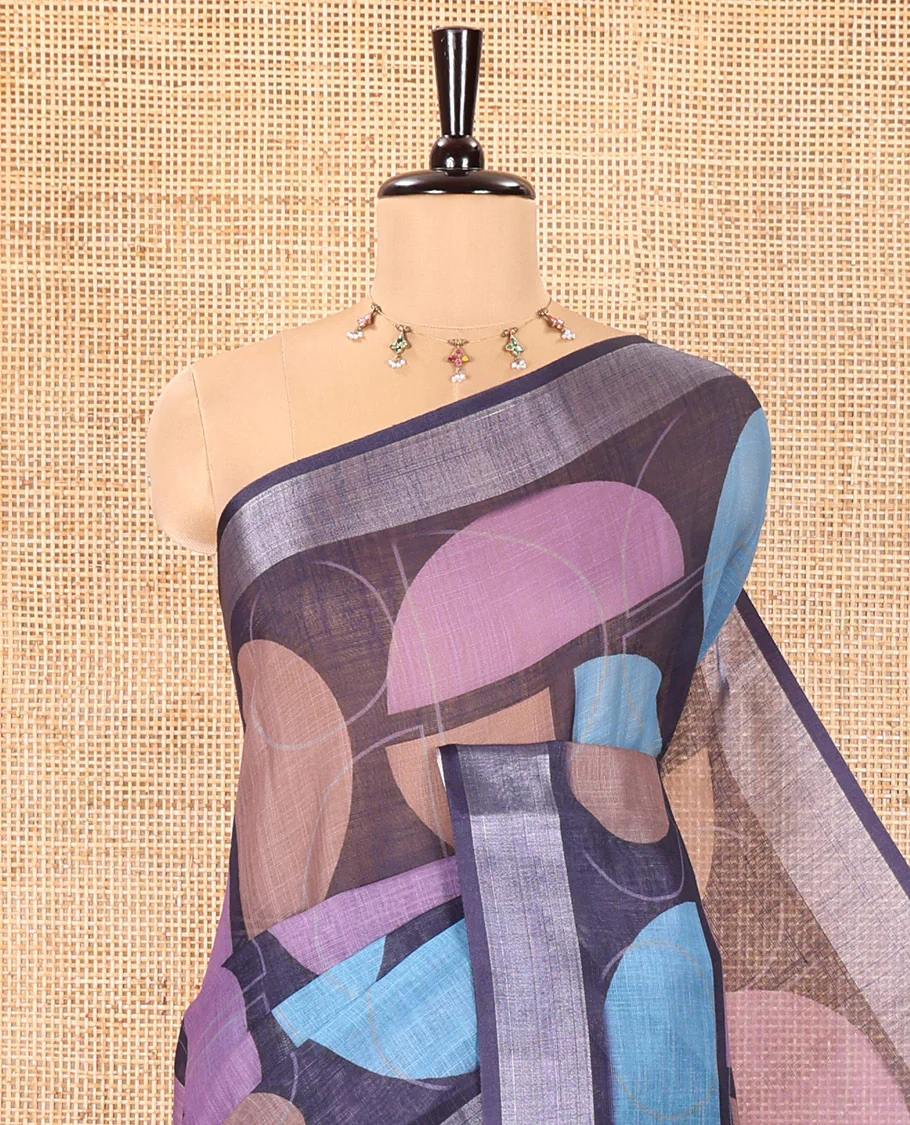 Blue Linen Cotton Saree, Steeped with Colorful Geometric Motifs Printed on Its Body, Highlighted by a Bavanji Zari Border, Geometric Motifs Printed Pallu, and Paired with a Printed Blouse - Image 2