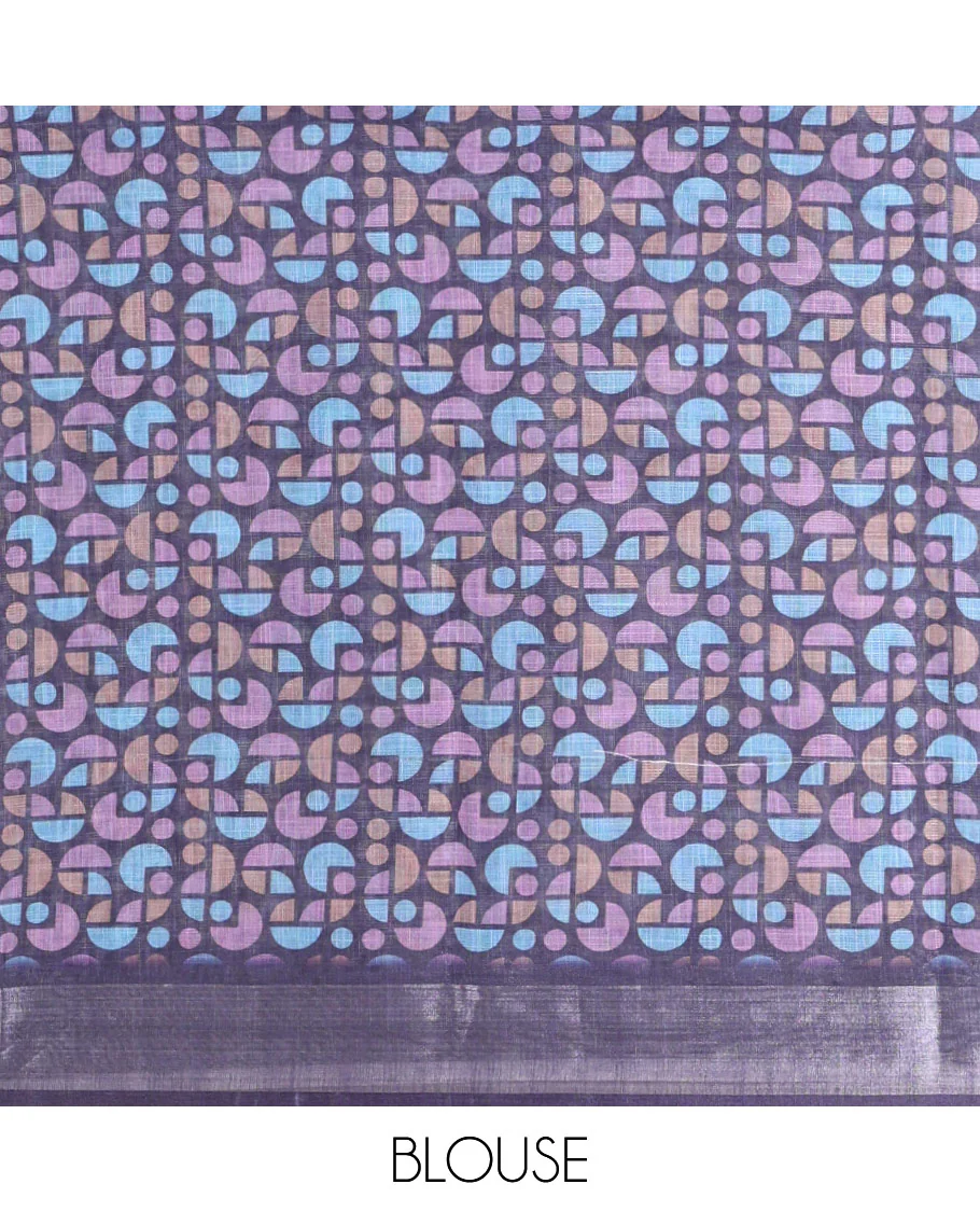 Blue Linen Cotton Saree, Steeped with Colorful Geometric Motifs Printed on Its Body, Highlighted by a Bavanji Zari Border, Geometric Motifs Printed Pallu, and Paired with a Printed Blouse - Image 3