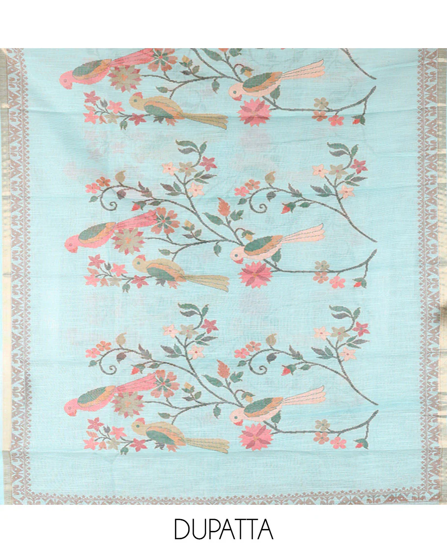 Blue Linen Tissue Material Chudidar Set, Enthralled with Paithani Floral-Parrot Design on Its Top, a Contrast Plain Bottom, and Paired with a Linen Tissue Dupatta of Floral-Parrot Print - Image 2