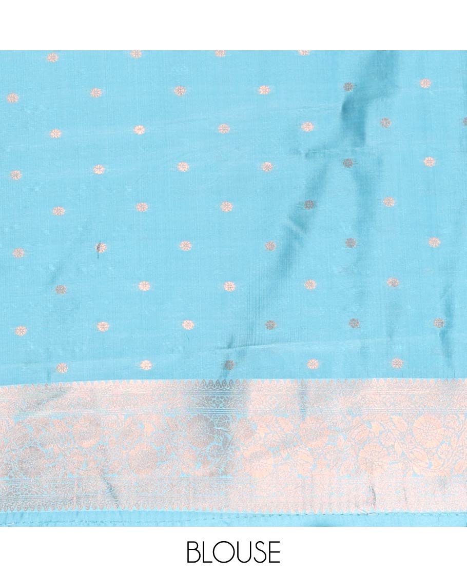 Blue Litchi Saree, Elegantly Framed with Polka Dot Buttas Enclosed Checks on Its Body, Complemented by a Contrast Traditional Zari Border of Floral Creeper Designs, Majestically Zari Detailed Pallu, and Paired with a Contrast Blouse - Image 3