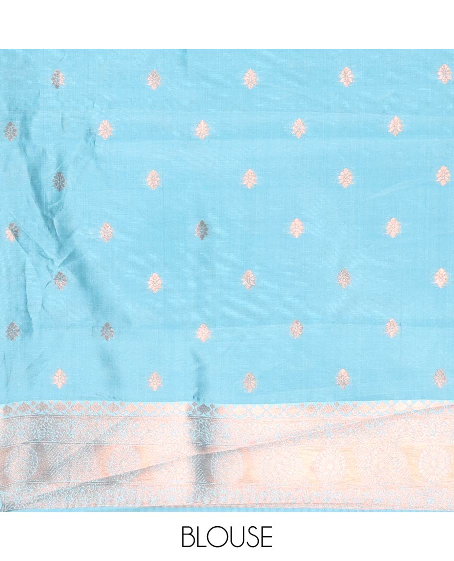 Blue Litchi Saree, Finely Crafted with Floral Zari Buttas and Zari Checks on Its Body, Complemented by a Contrast Traditional Zari Design Border, Gracefully Embellished Pallu, and Paired with a Contrast Blouse - Image 3