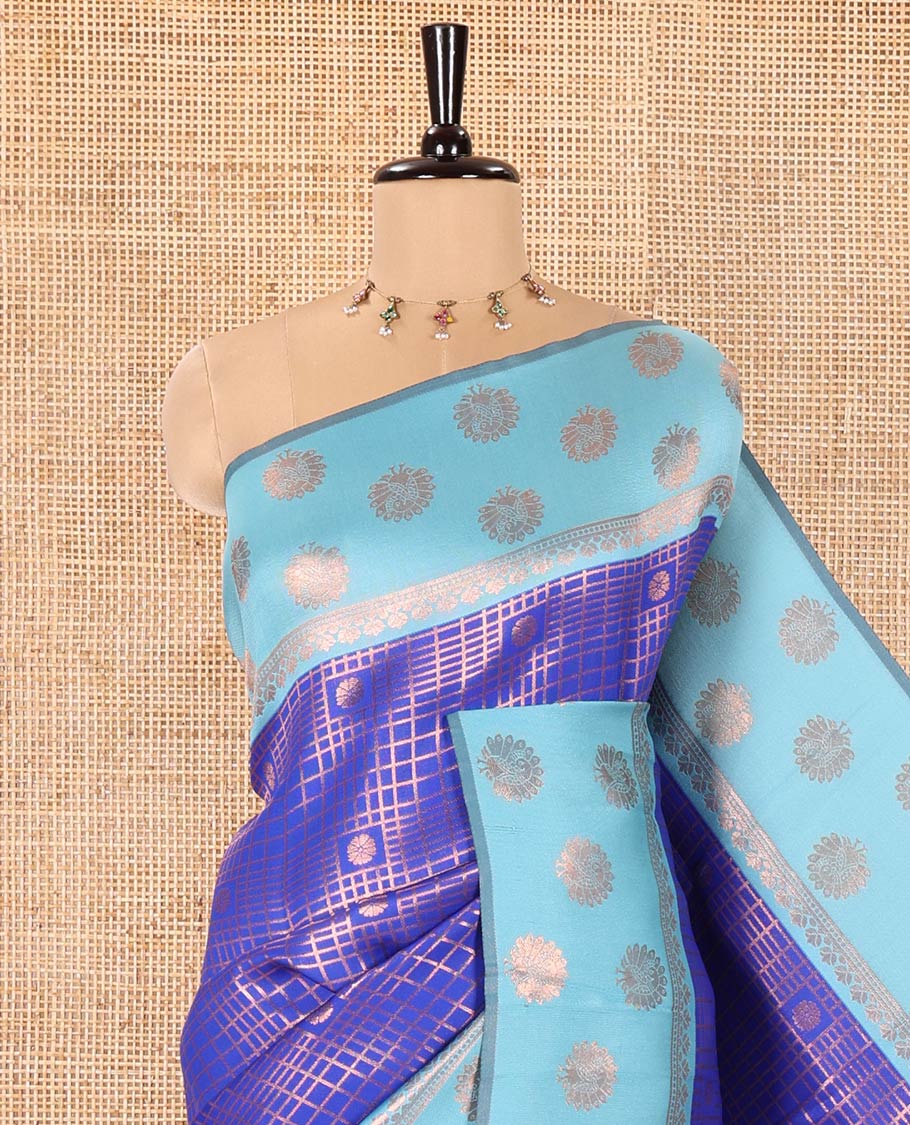 Blue Litchi Saree, Richly Detailed with Zari Buttas and Zari Checked Design on Its Body, Complemented by a Contrast Border Steeped with Peacock Designs, Intricately Designed Pallu, and Paired with a Contrast Blouse - Image 2