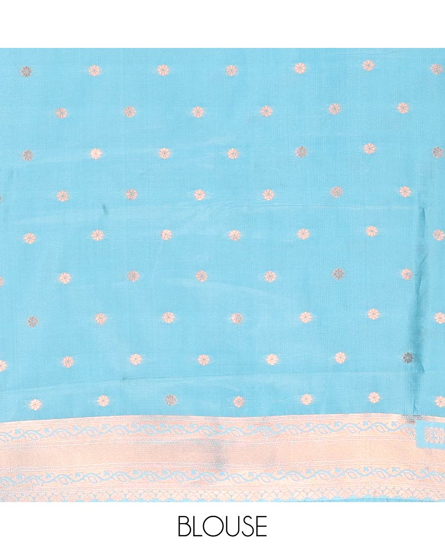 Blue Litchi Saree, Richly Detailed with Zari Buttas and Zari Checked Design on Its Body, Complemented by a Contrast Border Steeped with Peacock Designs, Intricately Designed Pallu, and Paired with a Contrast Blouse - Image 3