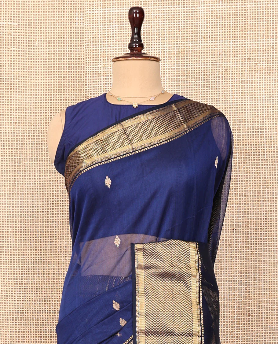 Blue Maheshwari Cotton Saree, Beautified with Zari Buttas on Its Body, Highlighted by Zari Border of Chevron Designs, Pallu Steeped with Zari Buttas, and Paired with a Matching Blouse - Image 2