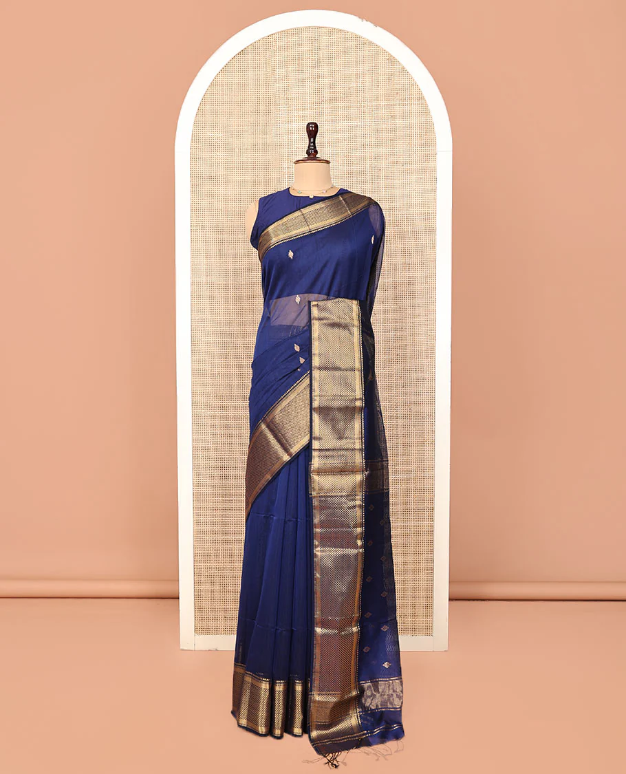 Blue Maheshwari Cotton Saree, Beautified with Zari Buttas on Its Body, Highlighted by Zari Border of Chevron Designs, Pallu Steeped with Zari Buttas, and Paired with a Matching Blouse - Image 3