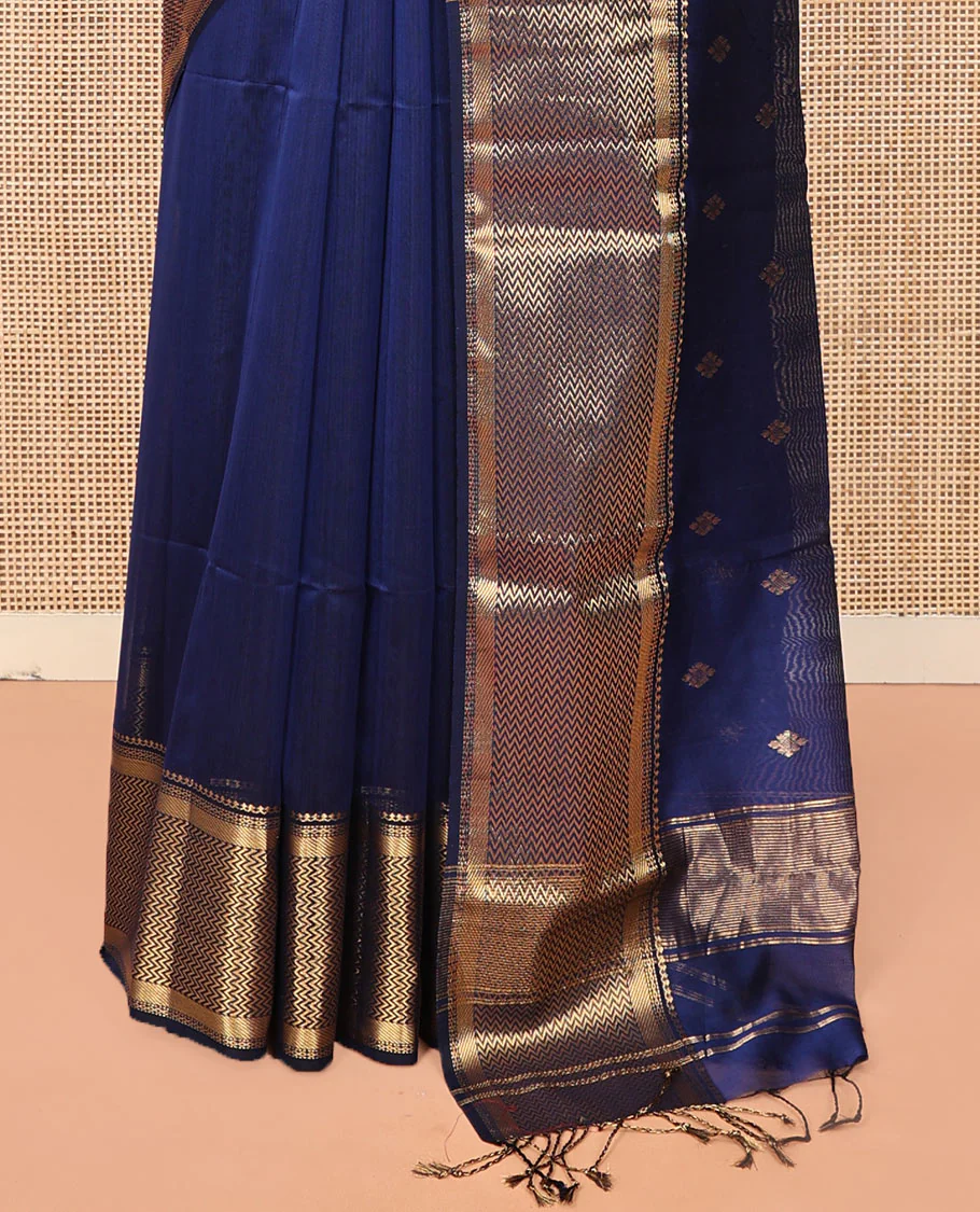 Blue Maheshwari Cotton Saree, Beautified with Zari Buttas on Its Body, Highlighted by Zari Border of Chevron Designs, Pallu Steeped with Zari Buttas, and Paired with a Matching Blouse - Image 4
